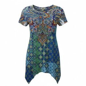 One World Tunic Top Size XS Sharkbite Hem Rhinestone Studded Mixed Paisley Print
